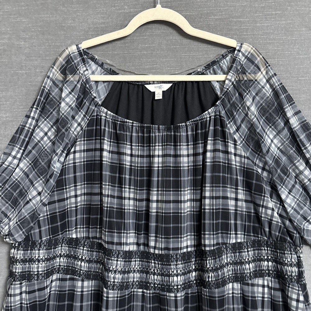 Terra Sky Dress 3X Black Gray Plaid Smocked Ruffle Midi Sheer Grunge 90s y2k - Picture 4 of 9